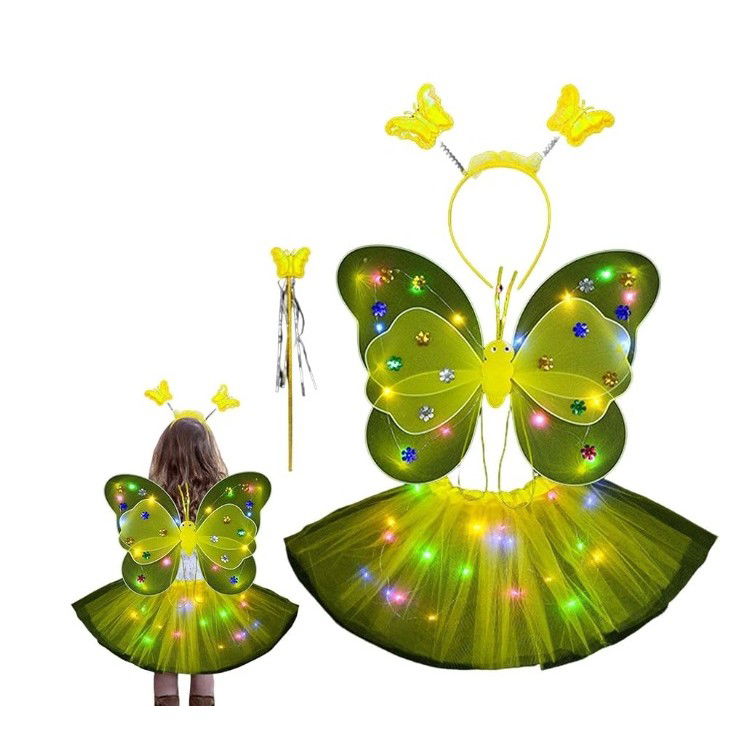 50 - 100 LEI - Costum Fluturas cu Aripi Modelabile Luminoase pentru Copii, Flippy, Fusta din Tul cu Lumini, Bagheta si Bentita, 4 piese, Pentru Halloween, Roleplay, Craciun, Carnaval, Paste, Ziua Copilului, Bumbac/P