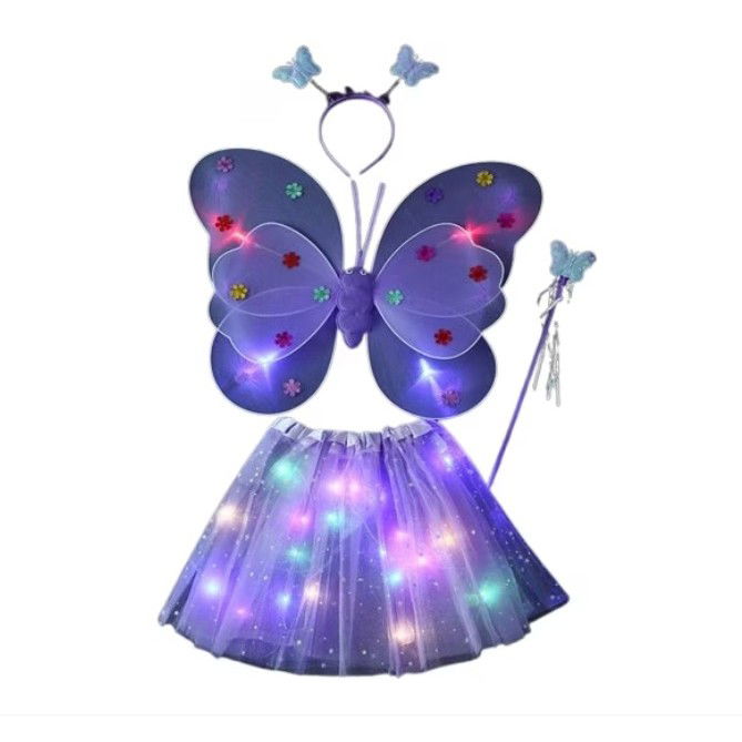 Costume si Deghizare - Costum Fluturas cu Aripi Modelabile Luminoase pentru Copii, Flippy, Fusta din Tul cu Lumini, Bagheta si Bentita, 4 piese, Pentru Halloween, Roleplay, Craciun, Carnaval, Paste, Ziua Copilului, Bumbac/P