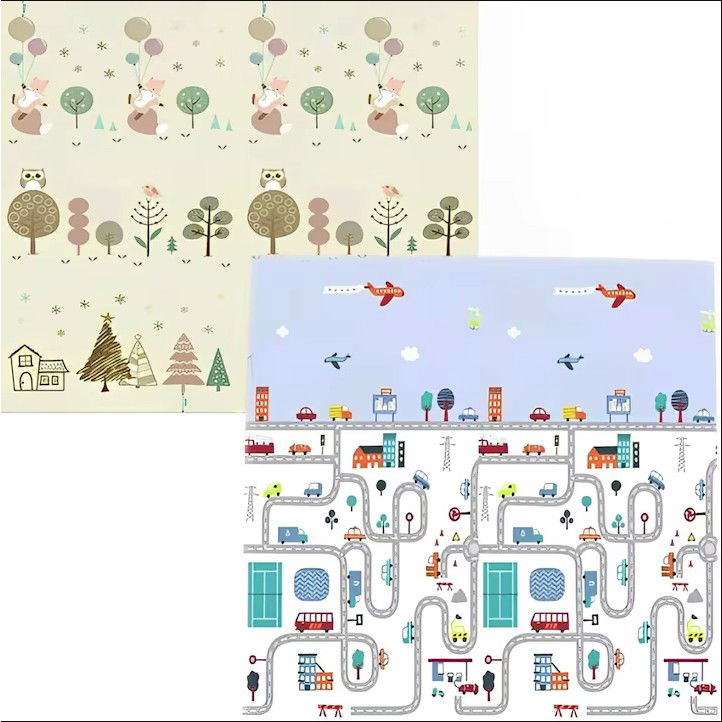 Covorase de joaca - Covoras de Joaca pentru Copii Termic cu 2 Fete, Flippy, Model Vulpi si Pista de Masini, cu Spuma, Impermeabil, Antiderapant, 200cm x 180cm x 0.8cm