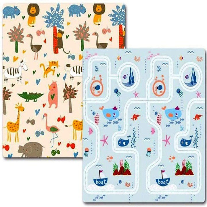 Covorase de joaca - Covoraș de Joaca pentru Copii Termic cu 2 Fete, Flippy, Model Lumea Animalelor si Calatorie pe mare, cu Spuma, Impermeabil, Antiderapant, 200x180 x 0.8 cm, Multicolor