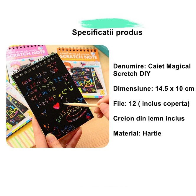 Caiet cu fise razuibile Flippy, DIY Magic Scratch, 12 File, Curcubeu, Creion din Lemn, Cartonase negre, 14.5 x 10 cm, roz [4]