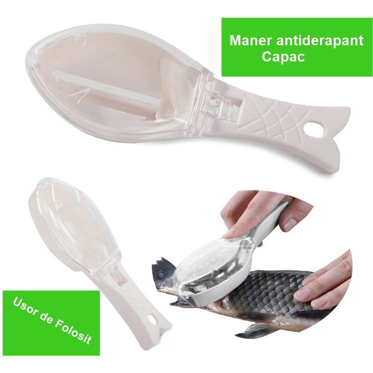 Curatator Manual Solzi de Peste, Flippy, Forma Peste , Recipient cu Capcac pentru Solzi, Plastic, Roz pal, 16x6 cm [2]