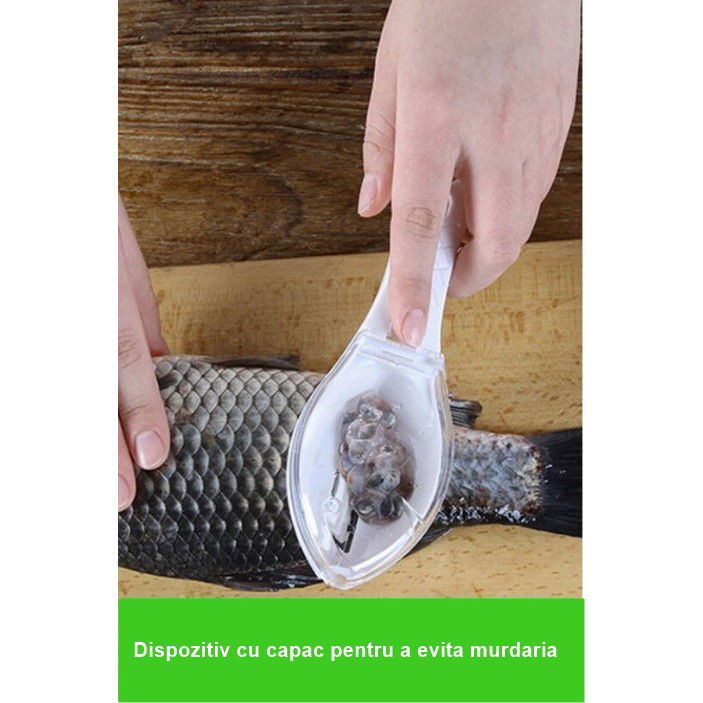 Curatator Manual Solzi de Peste, Flippy, Forma Peste , Recipient cu Capcac pentru Solzi, Plastic, Roz pal, 16x6 cm [3]