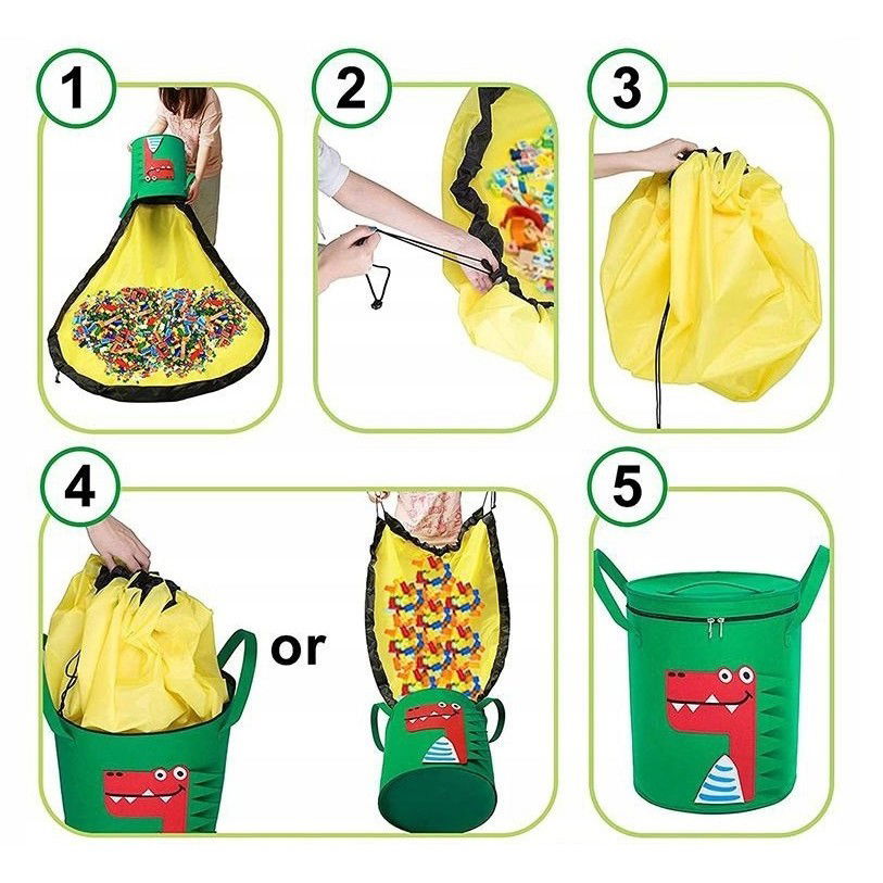 Cutie de Depozitare 2In1, Flippy, Impermeabila, Covor pentru Jucarii si Lego 150cm, Capacitate Mare, cu Manere, cu Sfori, Inaltime 40cm, Model Crocodil, Verde [3]