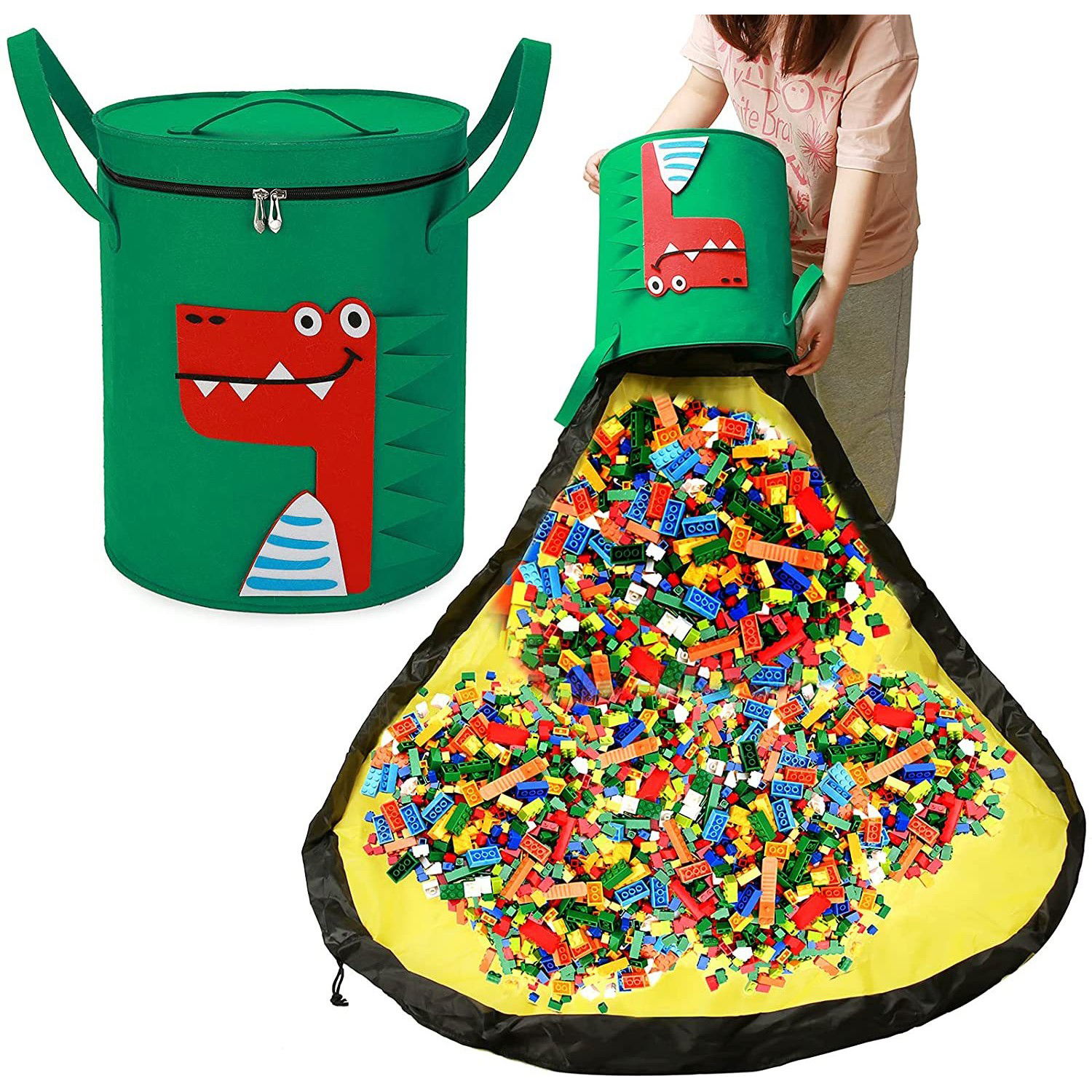 Cutie de Depozitare 2In1, Flippy, Impermeabila, Covor pentru Jucarii si Lego 150cm, Capacitate Mare, cu Manere, cu Sfori, Inaltime 40cm, Model Crocodil, Verde [4]