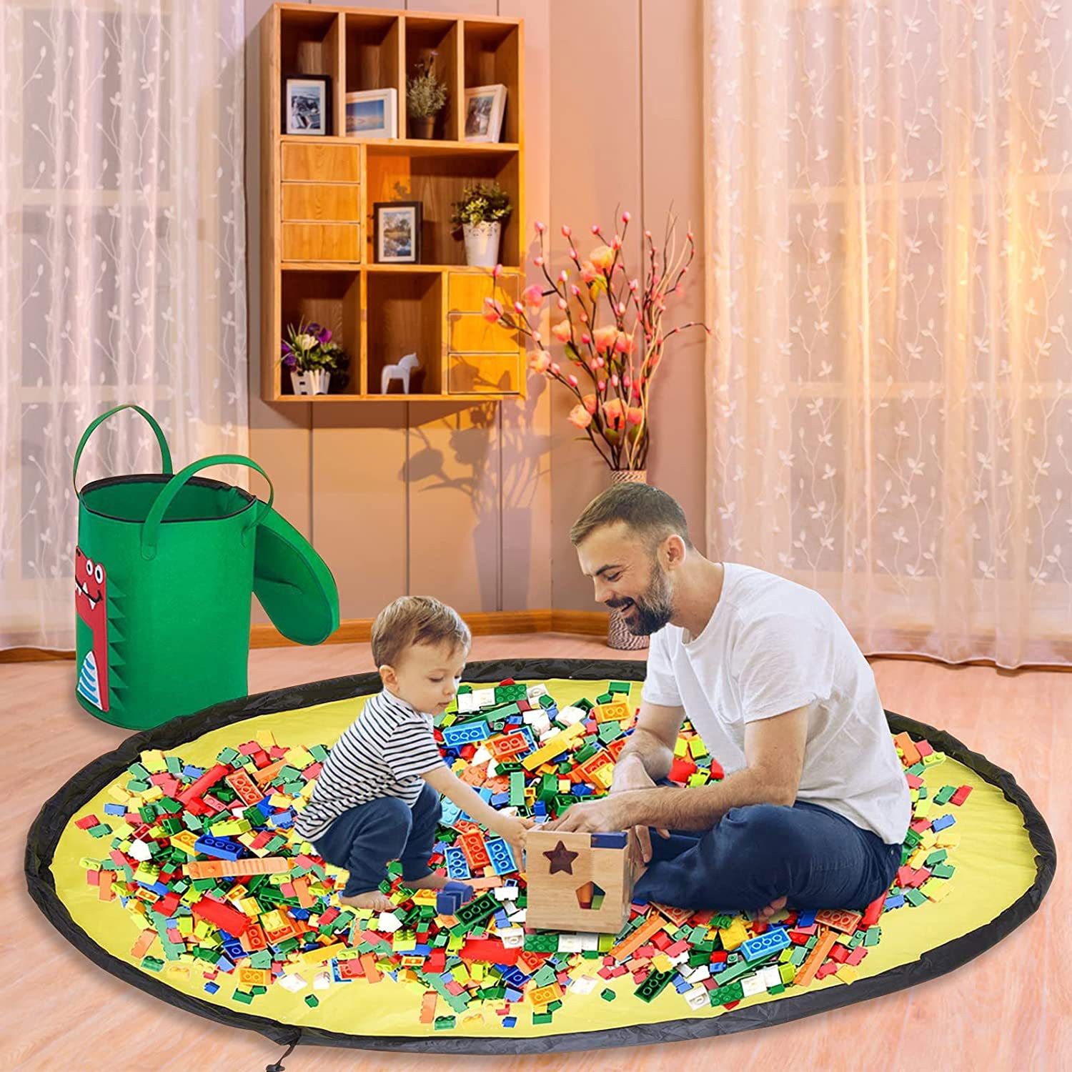 Cutie de Depozitare 2In1, Flippy, Impermeabila, Covor pentru Jucarii si Lego 150cm, Capacitate Mare, cu Manere, cu Sfori, Inaltime 40cm, Model Crocodil, Verde [5]