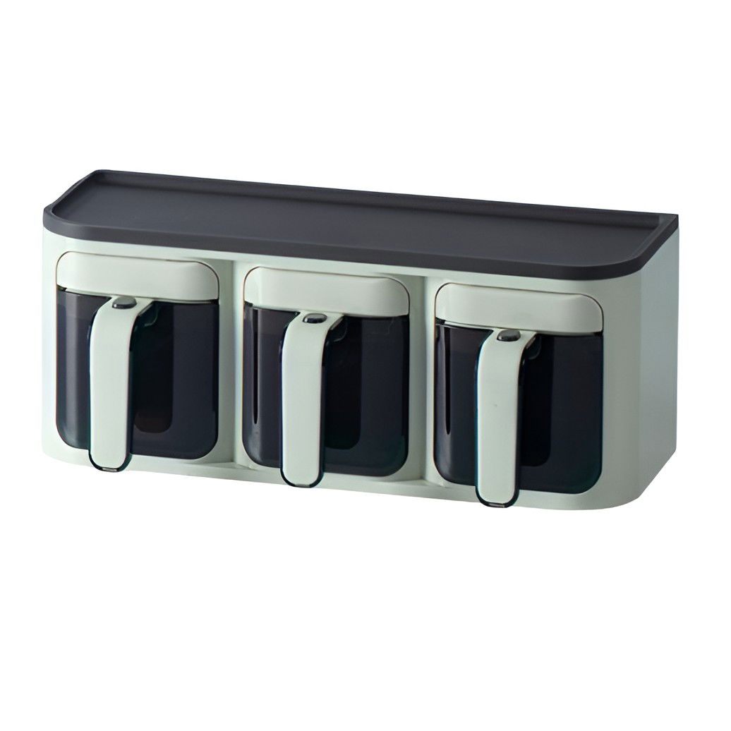 Pentru casa - Cutie de Depozitare a Condimentelor, Flippy, de Uz Casnic, Montare pe Perete, 3 Compartimente, 25.8 x 13.6 x 10.5cm, Verde-Negru