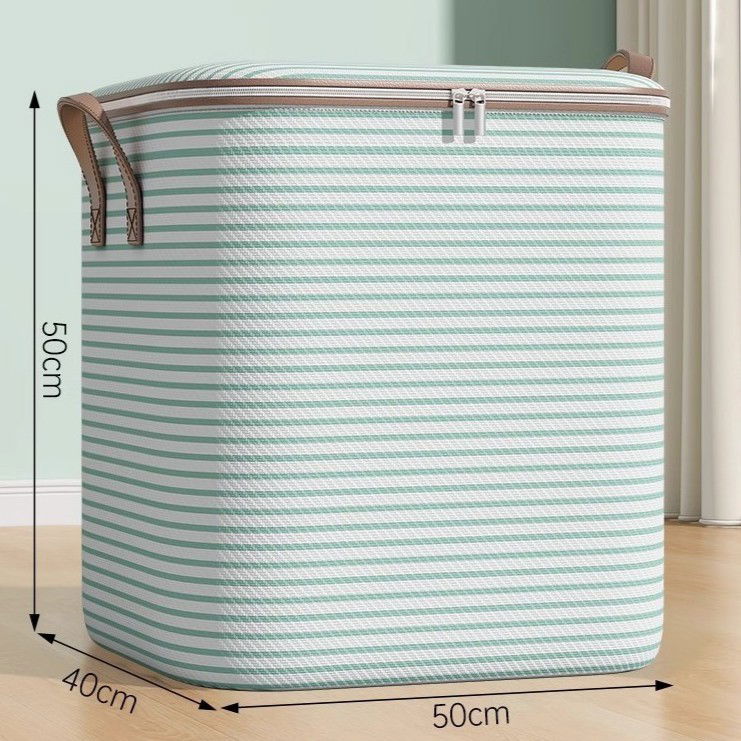 Pentru casa - Cutie de Depozitare cu Fermoar, Flippy, Pliabila, Maner Ranforsat, Fermoar Rezistent, pentru Haine, Paturi, Plapume, Perne, Lenjerii de Pat, Jucarii, 50x40x50 cm, 100 Litri, in Dungi, Verde