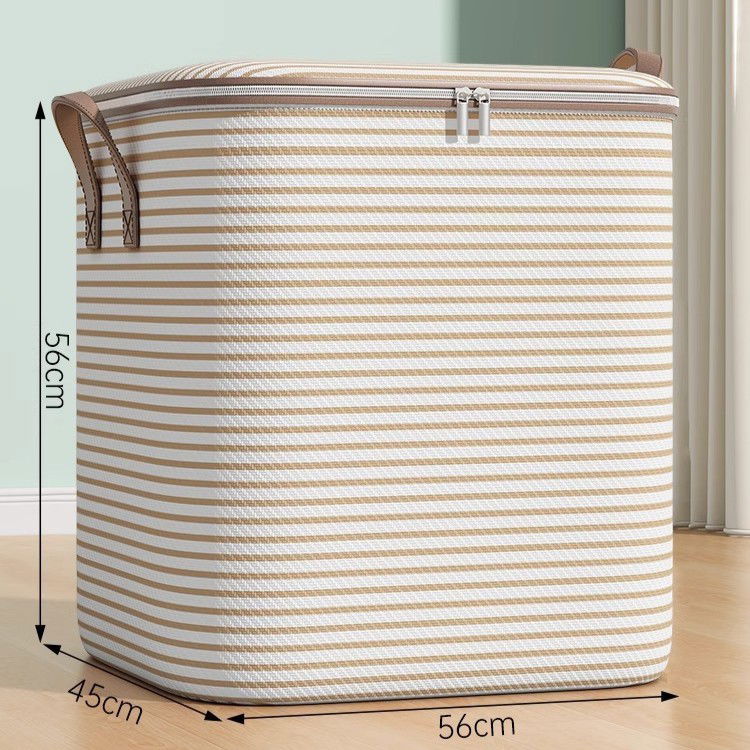 Pentru casa - Cutie de Depozitare cu Fermoar, Flippy, Pliabila, Maner Ranforsat, Fermoar Rezistent, pentru Haine, Paturi, Plapume, Perne, Lenjerii de Pat, Jucarii, 56x45x56 cm, 150 Litri, in Dungi, Bej