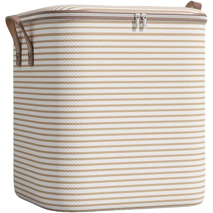 Pentru casa - Cutie de Depozitare cu Fermoar, Flippy, Pliabila, Maner Ranforsat, Fermoar Rezistent, pentru Haine, Paturi, Plapume, Perne, Lenjerii de Pat, Jucarii, 56x45x56 cm, 150 Litri, in Dungi, Bej