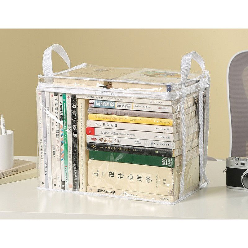 Pentru casa - Cutie de Depozitare, Flippy, din PVC + Textil, Rezistenta la Apa, Geanta pentru Carti, 38x24x32 cm, Transparent-Alb