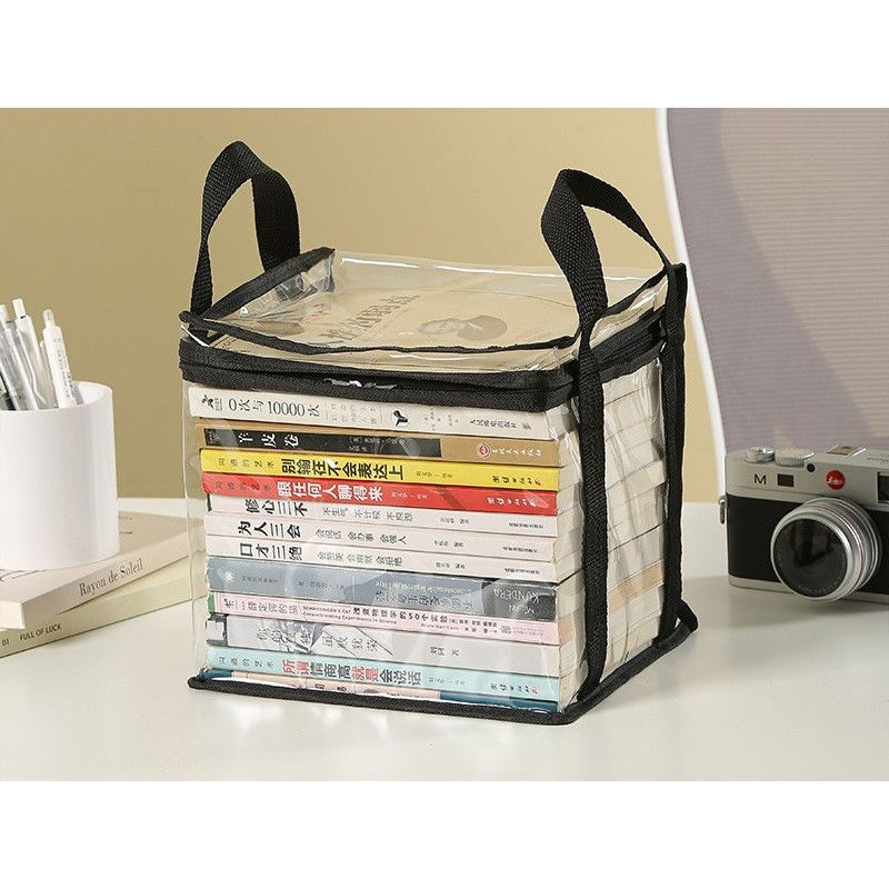 Cutie de Depozitare, Flippy, din PVC + Textil, Rezistenta la Apa, Geanta pentru Carti, 23x17x28 cm, Transparent-Negru [3]