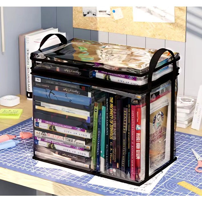 Cutie de Depozitare, Flippy, din PVC + Textil, Rezistenta la Apa, Geanta pentru Carti, 38x24x32 cm, Transparent-Negru [7]