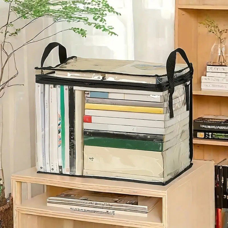 Cutie de Depozitare, Flippy, din PVC + Textil, Rezistenta la Apa, Geanta pentru Carti, 38x24x32 cm, Transparent-Negru [6]