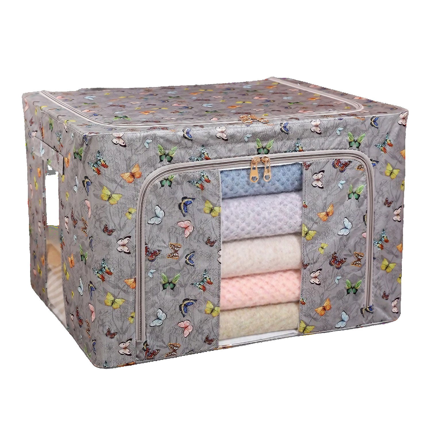 Pentru casa - Cutie Depozitare, Flippy, 66L, din Material Textil, 50 x 40 x 33 cm, pentru Haine si Lenjerii, Model Fluturasi, Gri Inchis