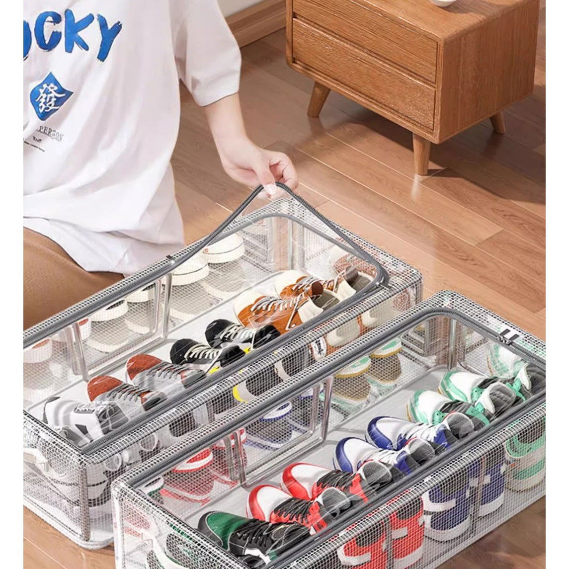 Cutie de Depozitare pentru Pantofi, Flippy, 60*30*21CM , din Plasa PVC Impermeabila si Cadru de Otel, Pliabila, Fermoar Bidirectional, Transparenta [5]