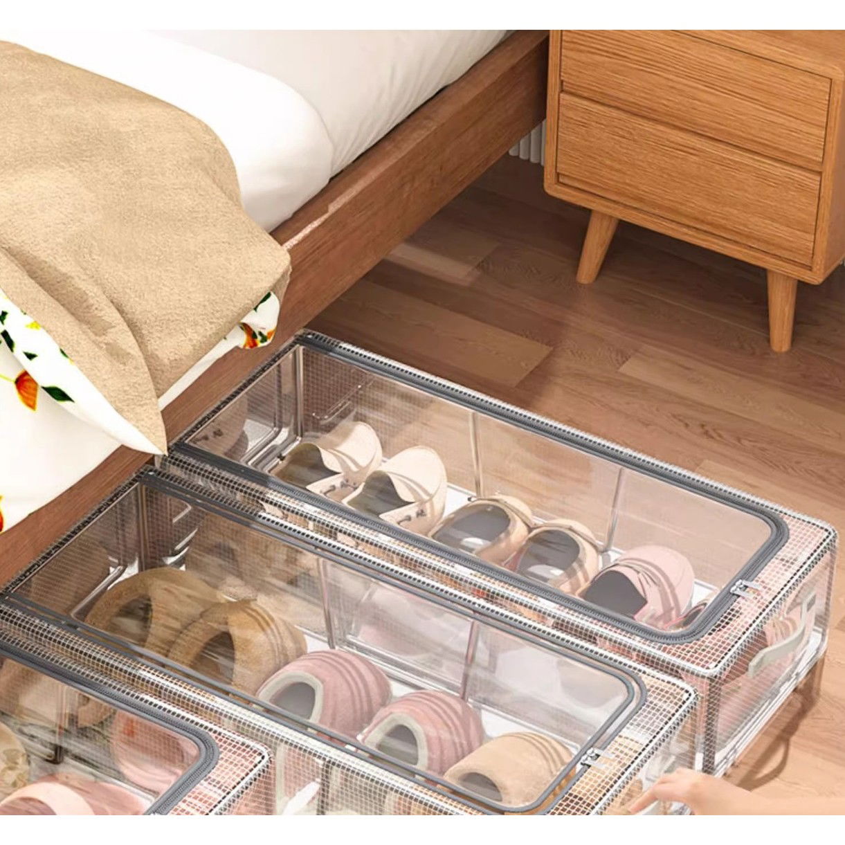 Cutie de Depozitare pentru Pantofi, Flippy, 60*30*21CM , din Plasa PVC Impermeabila si Cadru de Otel, Pliabila, Fermoar Bidirectional, Transparenta [3]