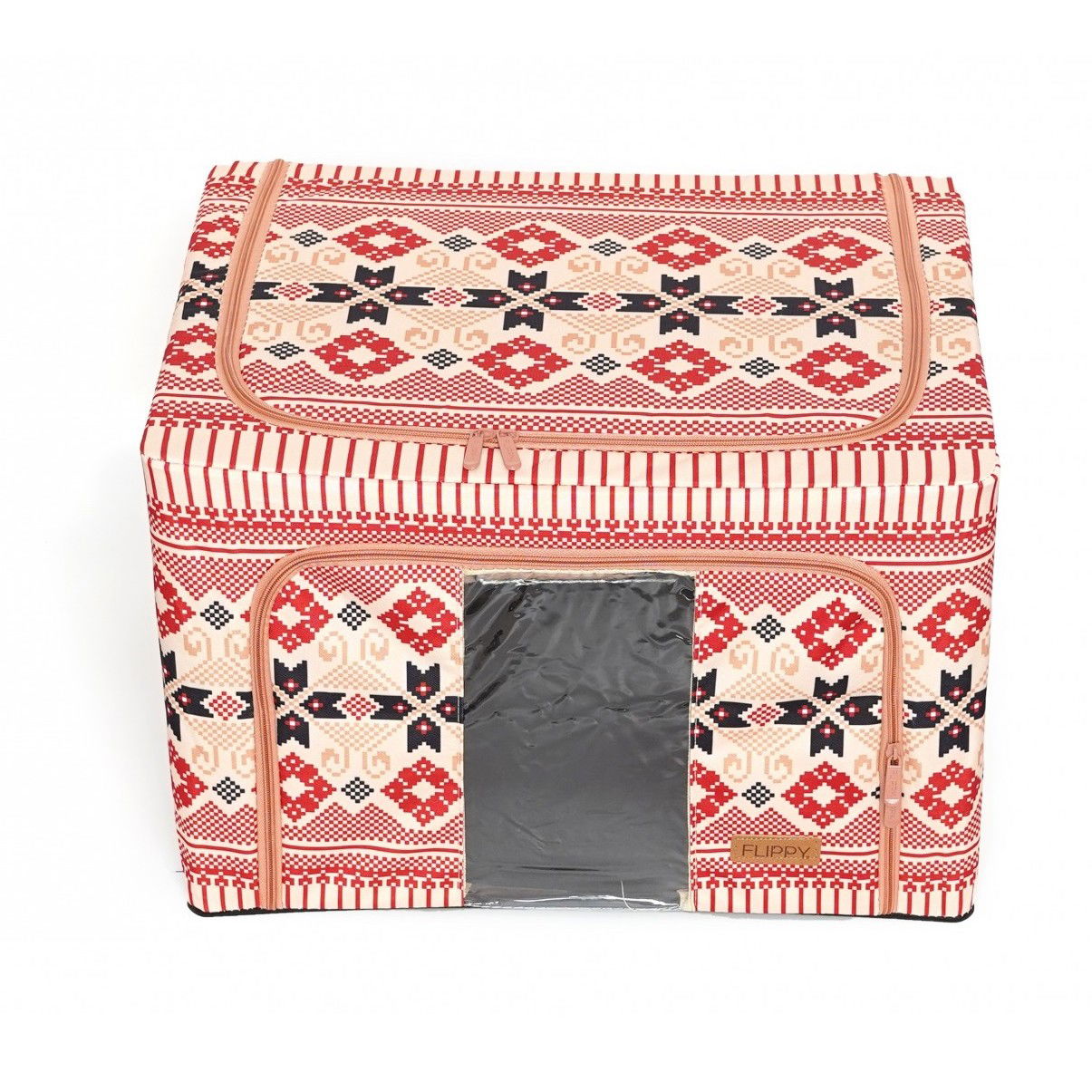 Cutie de Depozitare Pliabila, Flippy,100 L din Bumbac si In, 60X42X40 cm, Fereastra Frontala, 2 Usi de Acces cu Fermoar Bidirectional, Cadru Metalic, Suport Baza Stabil din Plastic, Motiv Traditional  [5]