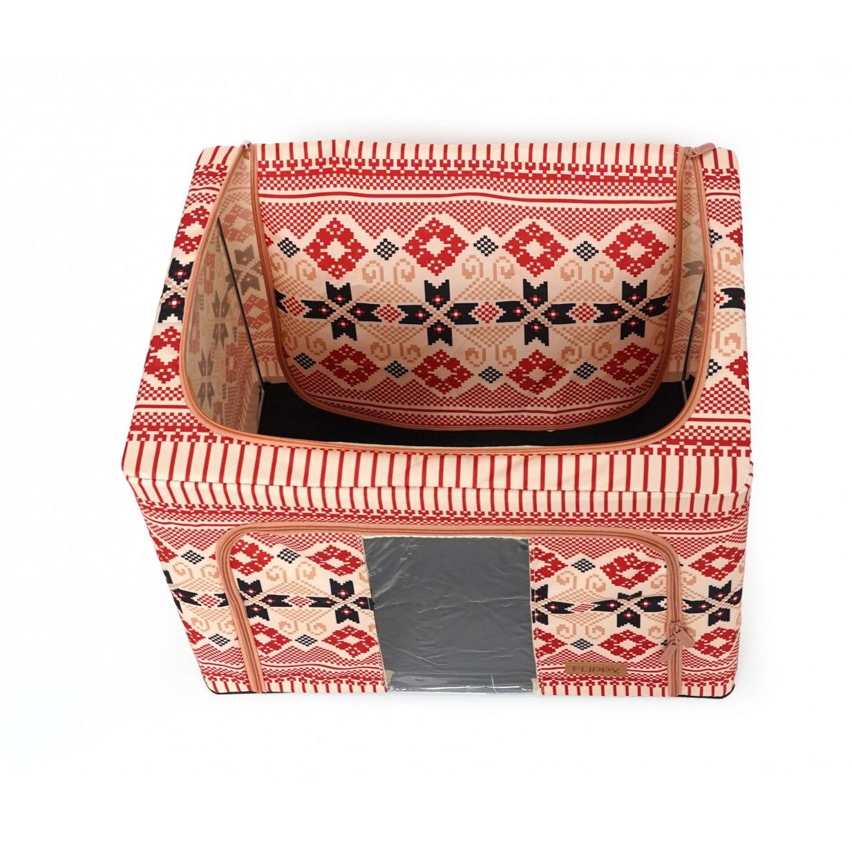 Cutie de Depozitare Pliabila, Flippy,100 L din Bumbac si In, 60X42X40 cm, Fereastra Frontala, 2 Usi de Acces cu Fermoar Bidirectional, Cadru Metalic, Suport Baza Stabil din Plastic, Motiv Traditional  [9]