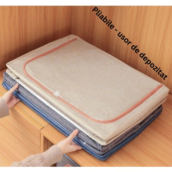 Cutie de Depozitare Pliabila, Flippy, 66 L, din Bumbac si In, 33x40x50 cm, 2 Ferestre, Frontala si Laterala, 2 Usi de Acces cu Fermoar Bidirectional, Cadru Metalic, Suport Baza Stabil din Plastic, Roz [7]