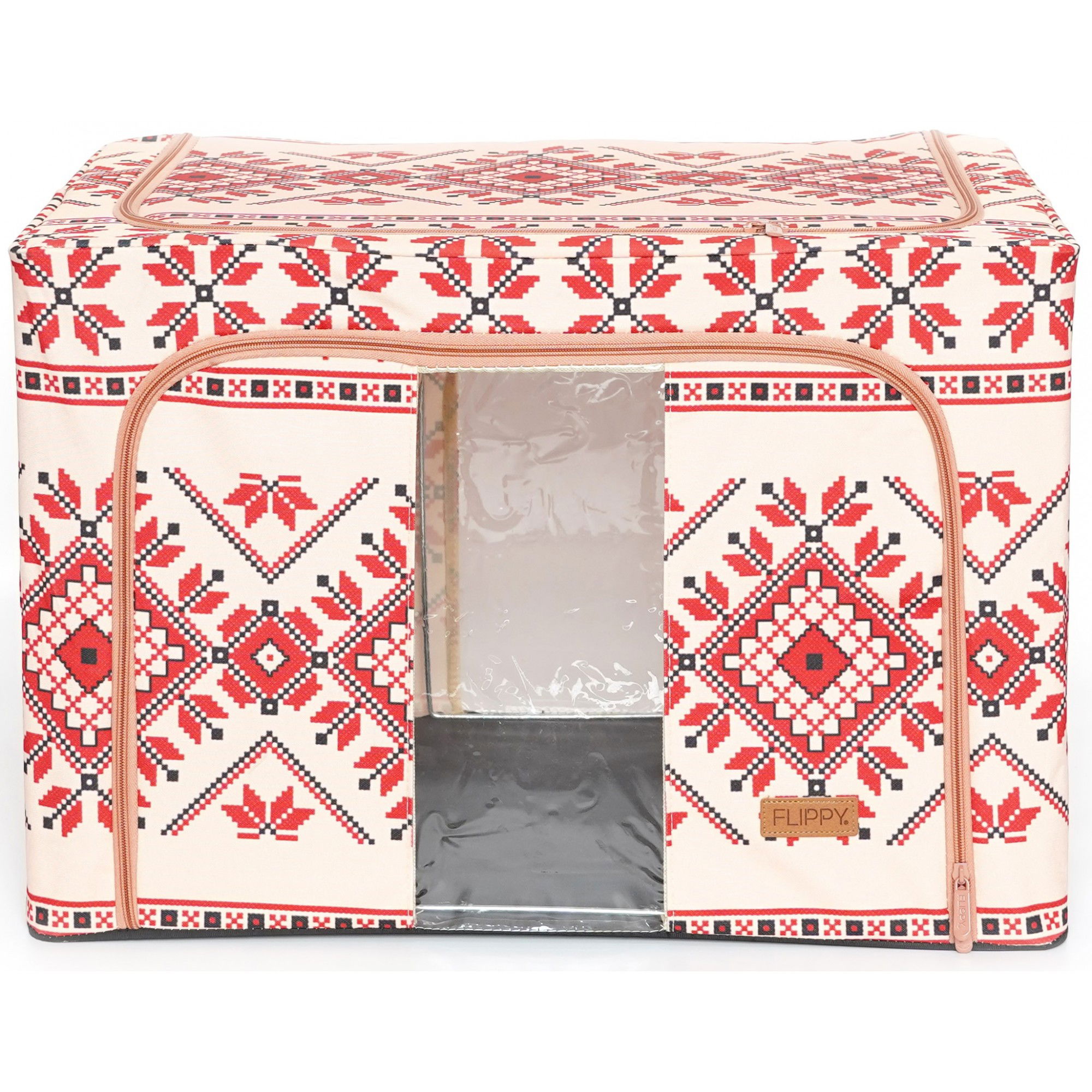 50 - 100 LEI - Cutie de Depozitare Pliabila, Flippy,100 L din Bumbac si In, 60X42X40 cm, Fereastra Frontala, 2 Usi de Acces cu Fermoar Bidirectional, Cadru Metalic, Suport Baza Stabil din Plastic, Motiv Traditional 