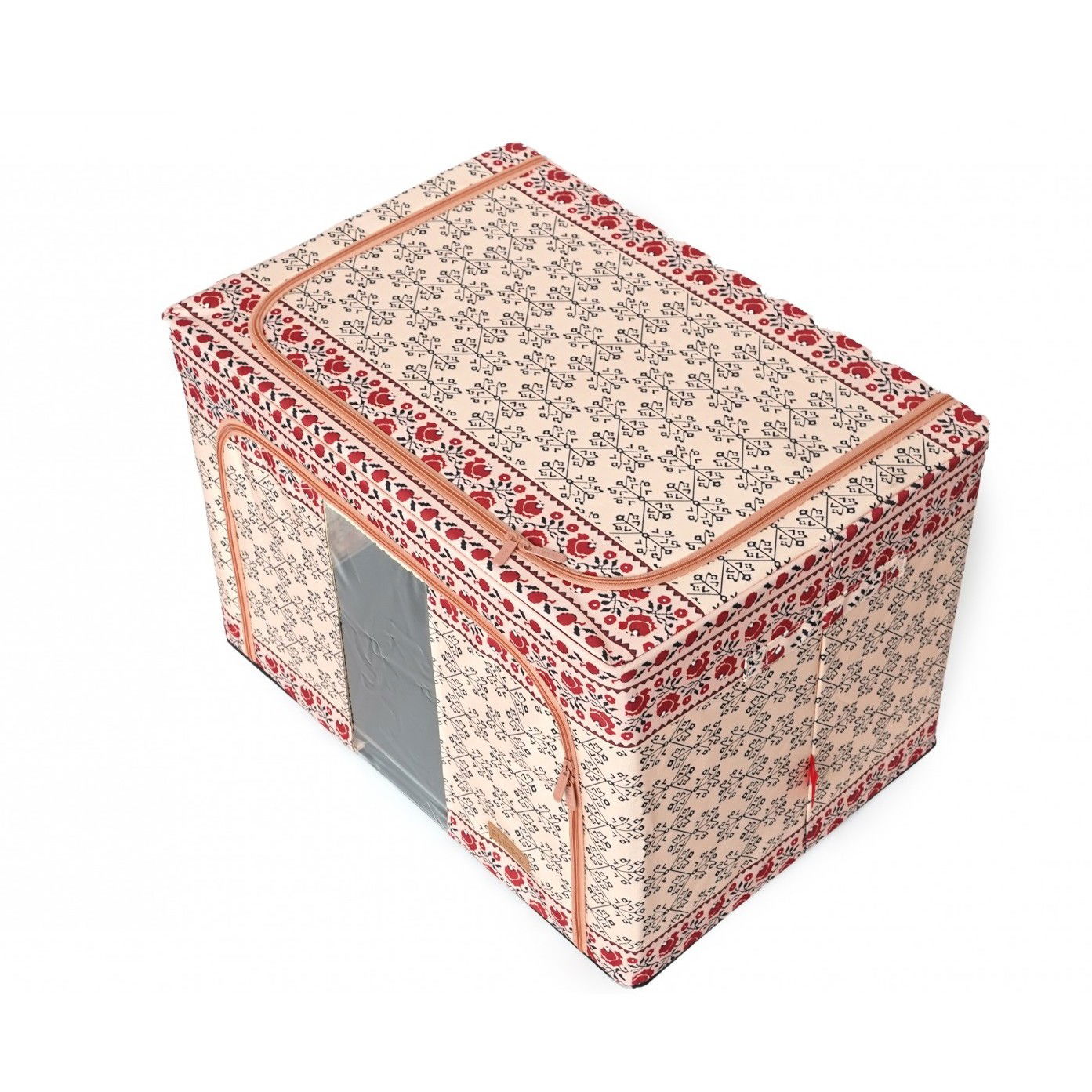 Cutie de Depozitare Pliabila, Flippy,100 L din Bumbac si In, 60X42X40 cm, Fereastra Frontala, 2 Usi de Acces cu Fermoar Bidirectional, Cadru Metalic, Suport Baza Stabil din Plastic, Motiv Traditional  [9]