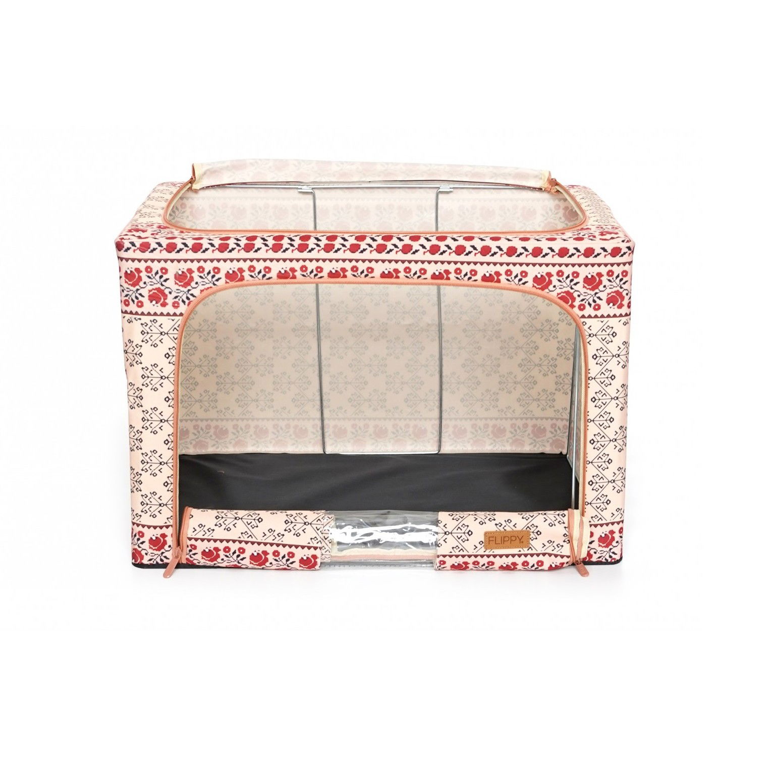 Cutie de Depozitare Pliabila, Flippy,100 L din Bumbac si In, 60X42X40 cm, Fereastra Frontala, 2 Usi de Acces cu Fermoar Bidirectional, Cadru Metalic, Suport Baza Stabil din Plastic, Motiv Traditional  [8]