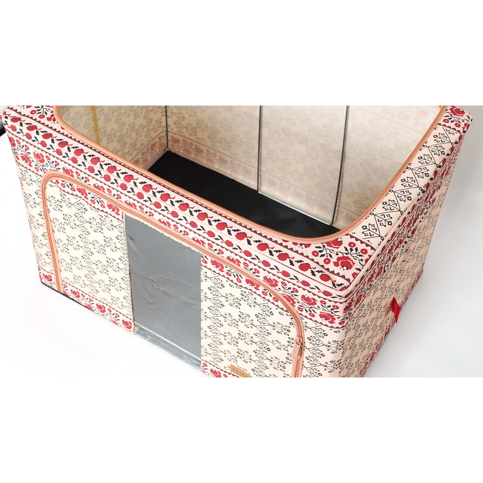 50 - 100 LEI - Cutie de Depozitare Pliabila, Flippy,100 L din Bumbac si In, 60X42X40 cm, Fereastra Frontala, 2 Usi de Acces cu Fermoar Bidirectional, Cadru Metalic, Suport Baza Stabil din Plastic, Motiv Traditional 