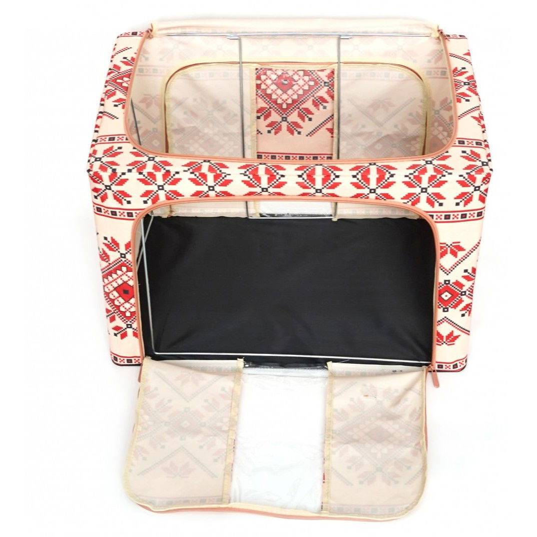 Cutie de Depozitare Pliabila, Flippy,100 L din Bumbac si In, 60X42X40 cm, Fereastra Frontala, 2 Usi de Acces cu Fermoar Bidirectional, Cadru Metalic, Suport Baza Stabil din Plastic, Motiv Traditional  [7]