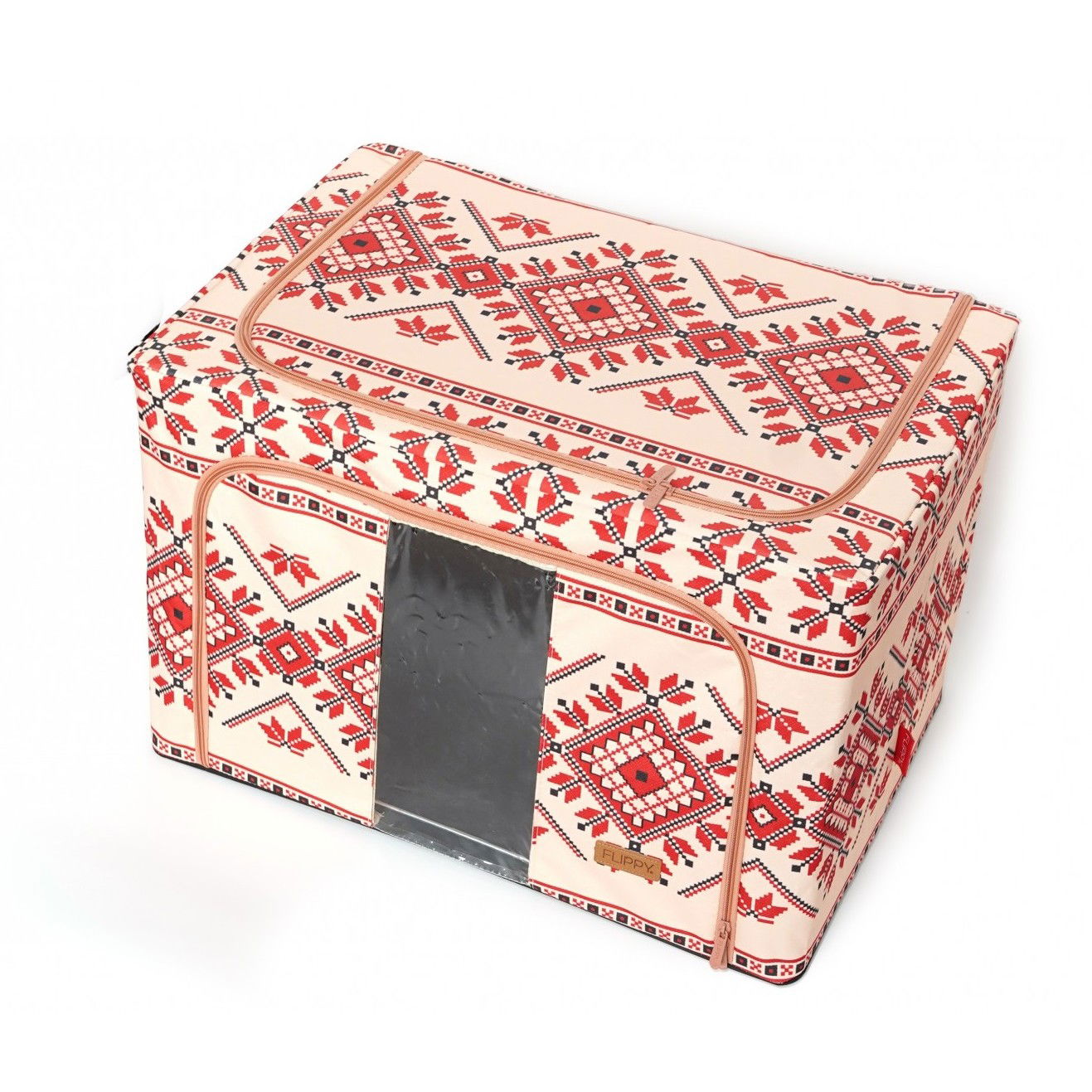 Cutie de Depozitare Pliabila, Flippy,100 L din Bumbac si In, 60X42X40 cm, Fereastra Frontala, 2 Usi de Acces cu Fermoar Bidirectional, Cadru Metalic, Suport Baza Stabil din Plastic, Motiv Traditional  [8]