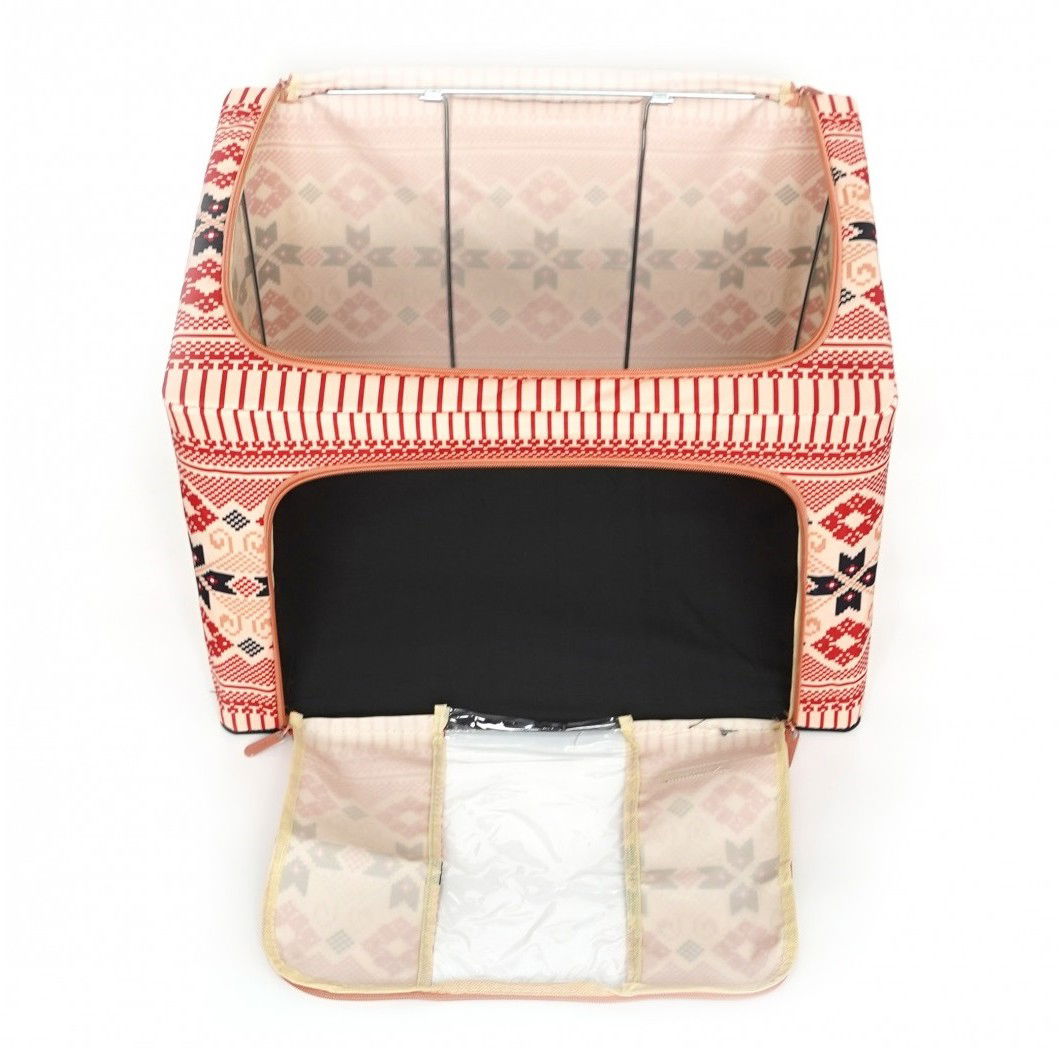 Cutie de Depozitare Pliabila, Flippy,100 L din Bumbac si In, 60X42X40 cm, Fereastra Frontala, 2 Usi de Acces cu Fermoar Bidirectional, Cadru Metalic, Suport Baza Stabil din Plastic, Motiv Traditional  [7]