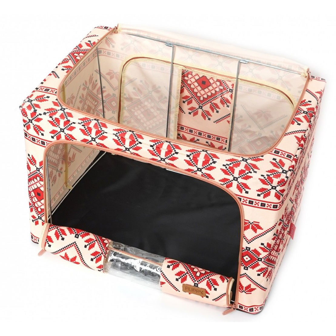 Cutie de Depozitare Pliabila, Flippy,100 L din Bumbac si In, 60X42X40 cm, Fereastra Frontala, 2 Usi de Acces cu Fermoar Bidirectional, Cadru Metalic, Suport Baza Stabil din Plastic, Motiv Traditional  [6]