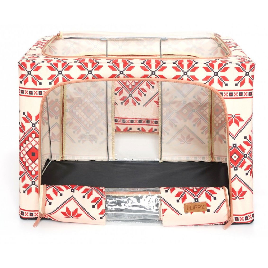 Cutie de Depozitare Pliabila, Flippy,100 L din Bumbac si In, 60X42X40 cm, Fereastra Frontala, 2 Usi de Acces cu Fermoar Bidirectional, Cadru Metalic, Suport Baza Stabil din Plastic, Motiv Traditional  [5]