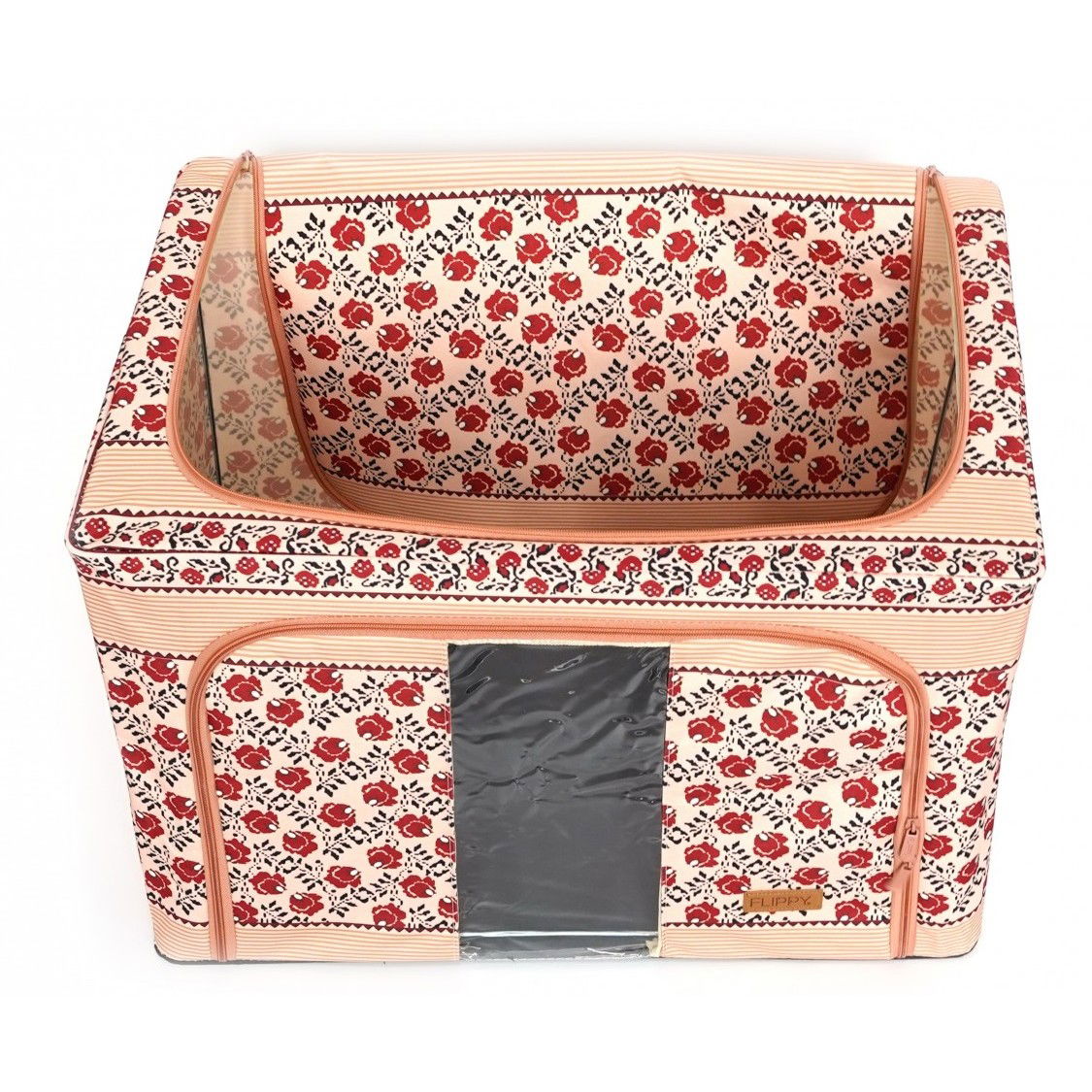 Cutie de Depozitare Pliabila, Flippy,100 L din Bumbac si In, 60X42X40 cm, Fereastra Frontala, 2 Usi de Acces cu Fermoar Bidirectional, Cadru Metalic, Suport Baza Stabil din Plastic, Motiv Traditional  [7]