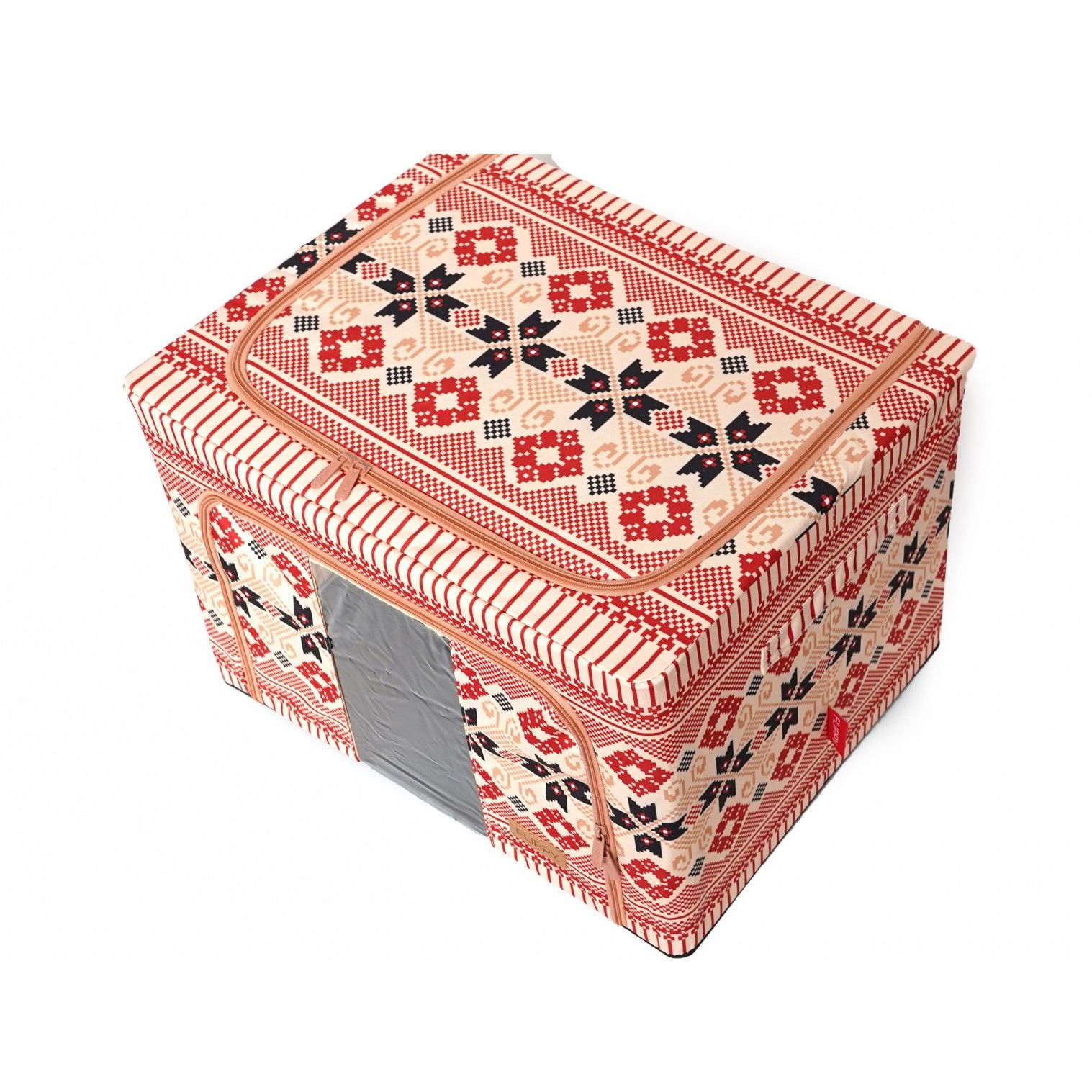 Cutie de Depozitare Pliabila, Flippy,100 L din Bumbac si In, 60X42X40 cm, Fereastra Frontala, 2 Usi de Acces cu Fermoar Bidirectional, Cadru Metalic, Suport Baza Stabil din Plastic, Motiv Traditional  [6]