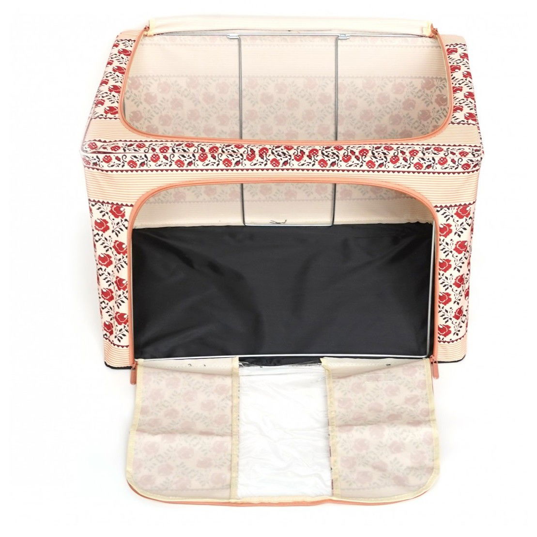 Cutie de Depozitare Pliabila, Flippy,100 L din Bumbac si In, 60X42X40 cm, Fereastra Frontala, 2 Usi de Acces cu Fermoar Bidirectional, Cadru Metalic, Suport Baza Stabil din Plastic, Motiv Traditional  [8]