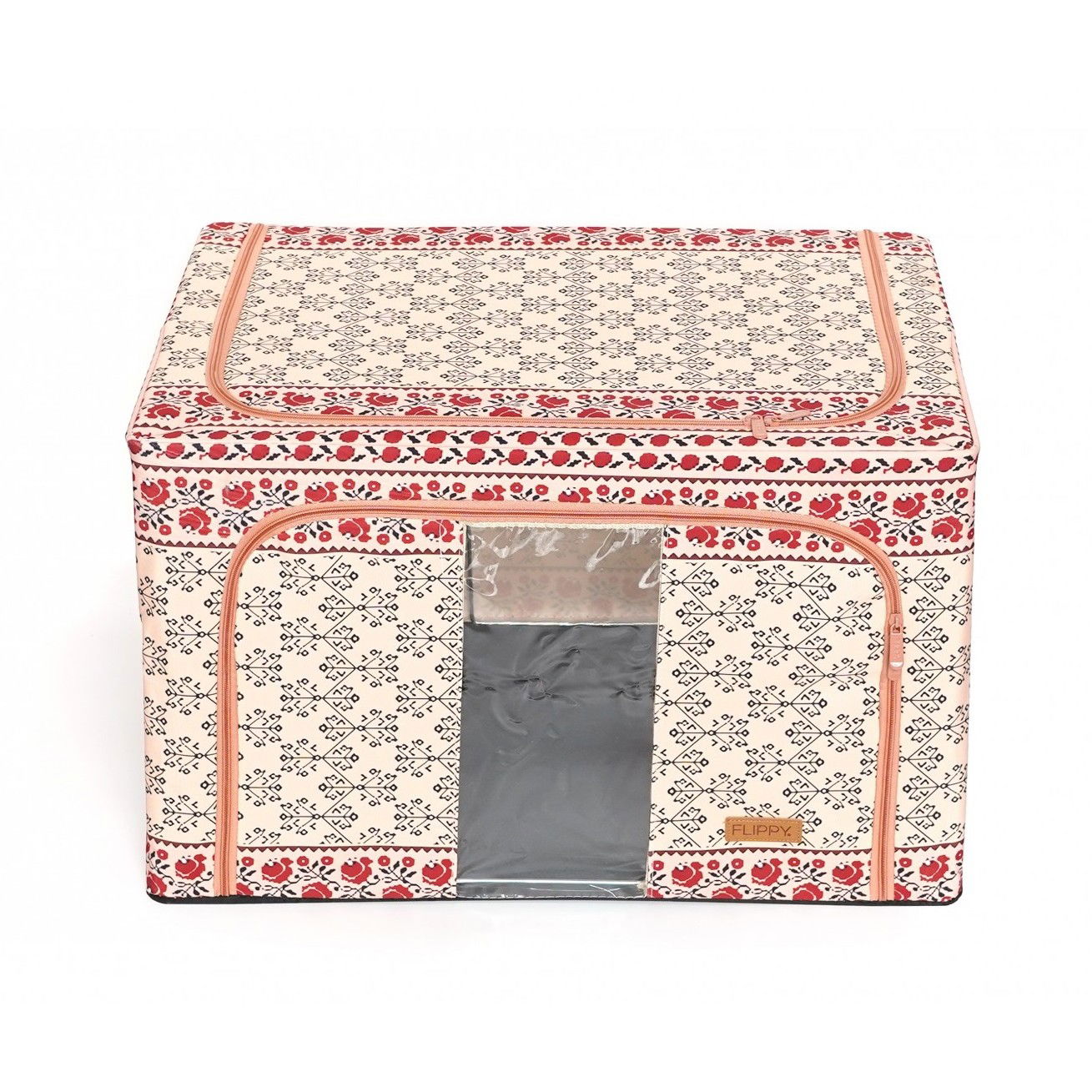 Cutie de Depozitare Pliabila, Flippy,100 L din Bumbac si In, 60X42X40 cm, Fereastra Frontala, 2 Usi de Acces cu Fermoar Bidirectional, Cadru Metalic, Suport Baza Stabil din Plastic, Motiv Traditional  [10]