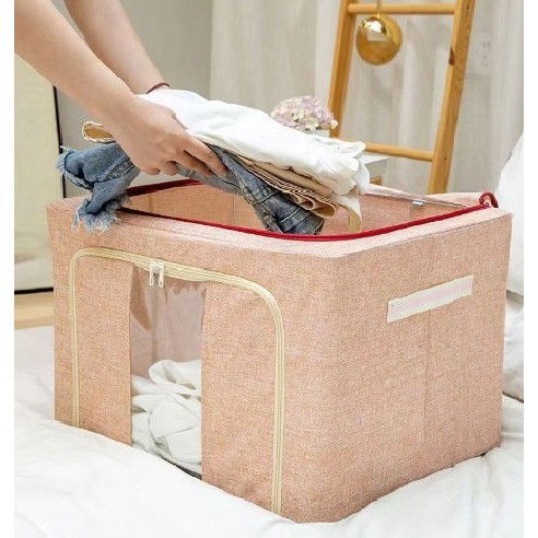 Cutie de Depozitare Pliabila, Flippy, 66 L, din Bumbac si In, 33x40x50 cm, 2 Ferestre, Frontala si Laterala, 2 Usi de Acces cu Fermoar Bidirectional, Cadru Metalic, Suport Baza Stabil din Plastic, Roz [4]