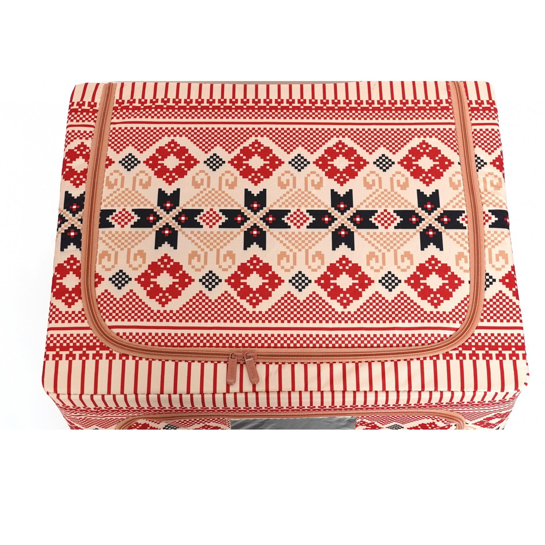 Cutie de Depozitare Pliabila, Flippy,100 L din Bumbac si In, 60X42X40 cm, Fereastra Frontala, 2 Usi de Acces cu Fermoar Bidirectional, Cadru Metalic, Suport Baza Stabil din Plastic, Motiv Traditional  [10]