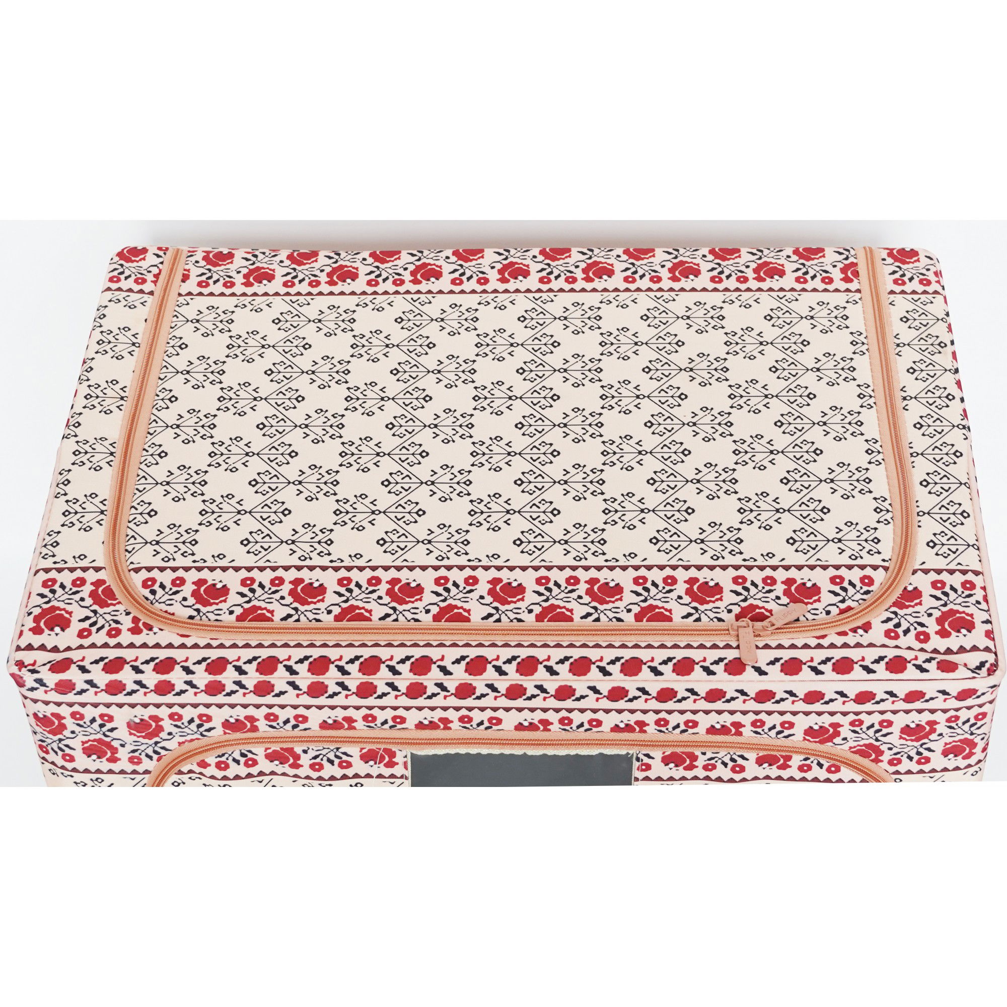 Cutie de Depozitare Pliabila, Flippy,100 L din Bumbac si In, 60X42X40 cm, Fereastra Frontala, 2 Usi de Acces cu Fermoar Bidirectional, Cadru Metalic, Suport Baza Stabil din Plastic, Motiv Traditional  [3]