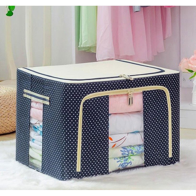 Cutii depozitare - Cutie de Depozitare Pliabila, Flippy, 24 L, Panza Oxford, 40x30x20 cm, Fereastra Frontala, 2 Usi de Acces cu Fermoar Bidirectional, Cadru Metalic, Suport Baza Stabil din Plastic, Imprimeu buline, Alba