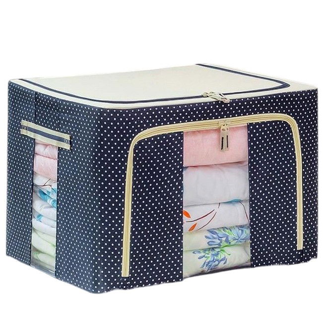 Cutii depozitare - Cutie de Depozitare Pliabila, Flippy, 24 L, Panza Oxford, 40x30x20 cm, Fereastra Frontala, 2 Usi de Acces cu Fermoar Bidirectional, Cadru Metalic, Suport Baza Stabil din Plastic, Imprimeu buline, Alba