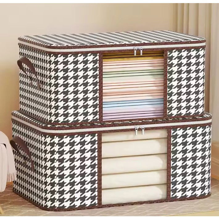 Cutie de Depozitare Pliabila, Flippy, 60x40x30 cm, 75 L, Fereastra Frontala, cu Fermoar Bidirectional, Suport Baza Stabil, Imprimeu in Carouri, Alb/Negru [9]