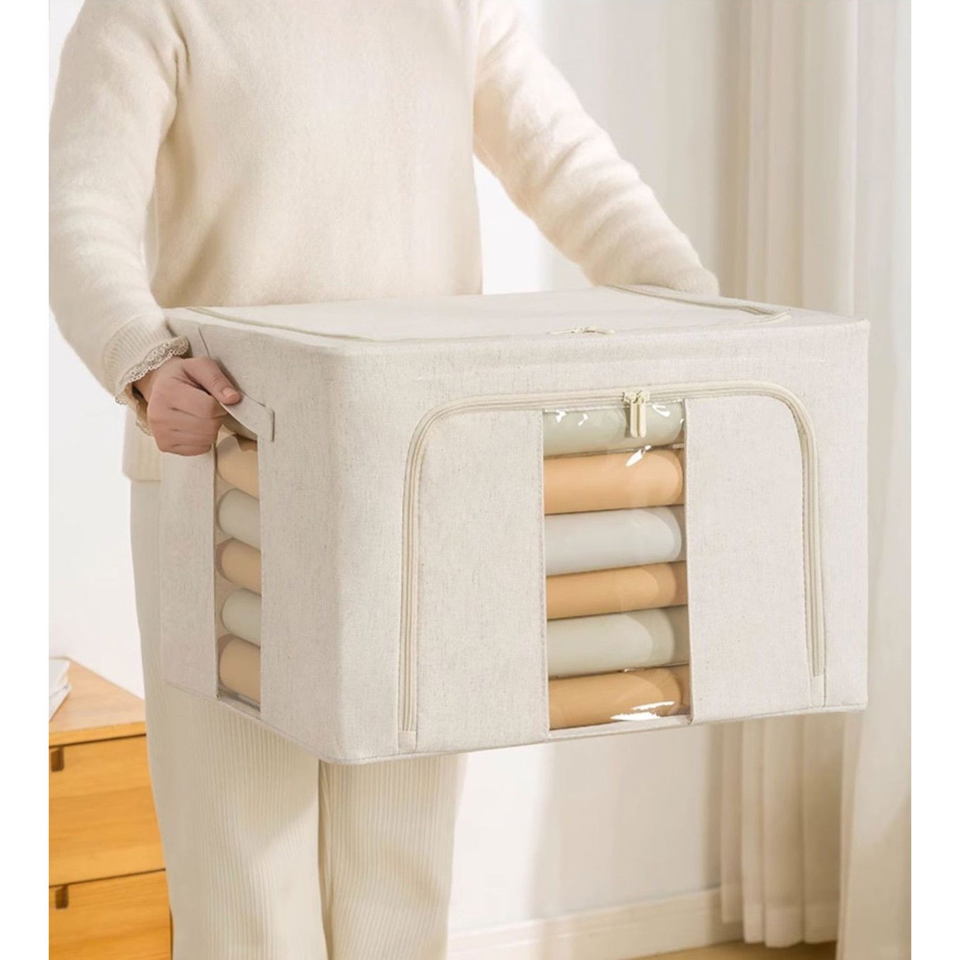 Cutie de Depozitare Pliabila, Flippy, Cu Fereastra si Fermoar Dublu, 66 L, Textil Premium, 50x40x33 cm, Cadru Metalic, Impermeabila, Bej [16]