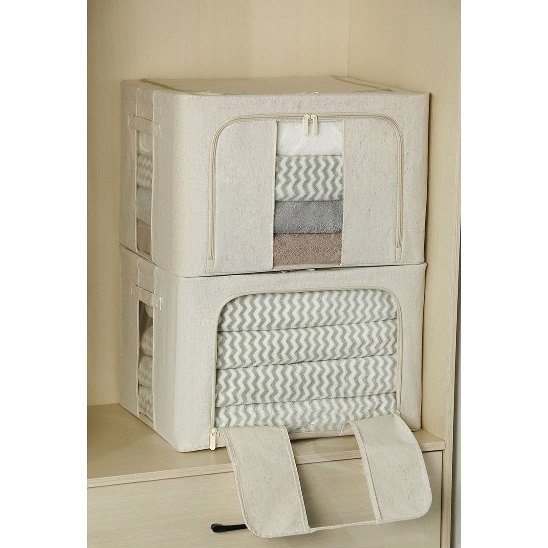 Cutie de Depozitare Pliabila, Flippy, Cu Fereastra si Fermoar Dublu, 66 L, Textil Premium, 50x40x33 cm, Cadru Metalic, Impermeabila, Alb Texturat [3]