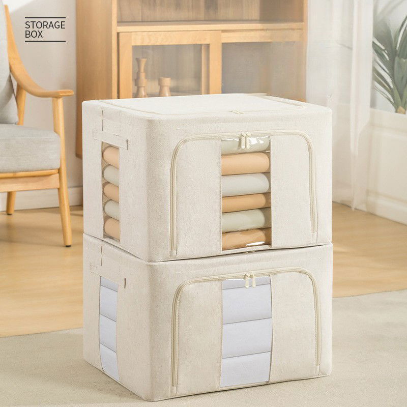 Cutie de Depozitare Pliabila, Flippy, Cu Fereastra si Fermoar Dublu, 66 L, Textil Premium, 50x40x33 cm, Cadru Metalic, Impermeabila, Bej [3]