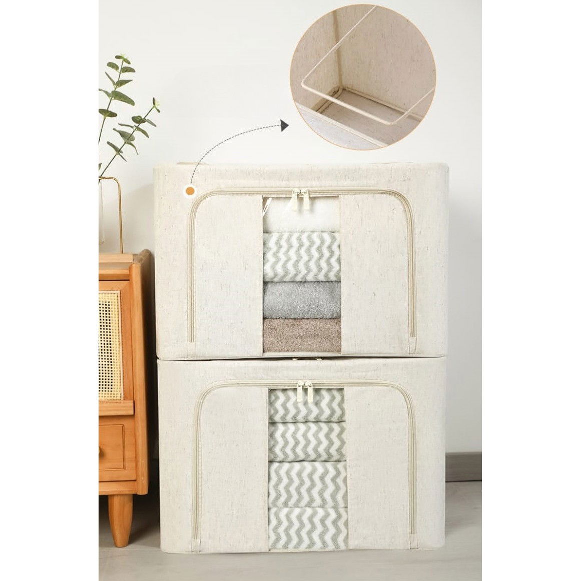 Pentru casa - Cutie de Depozitare Pliabila, Flippy, Cu Fereastra si Fermoar Dublu, 66 L, Textil Premium, 50x40x33 cm, Cadru Metalic, Impermeabila, Alb Texturat