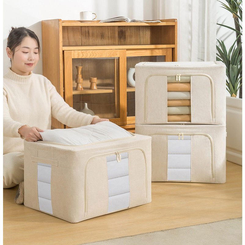 Cutie de Depozitare Pliabila, Flippy, Cu Fereastra si Fermoar Dublu, 66 L, Textil Premium, 50x40x33 cm, Cadru Metalic, Impermeabila, Bej [19]