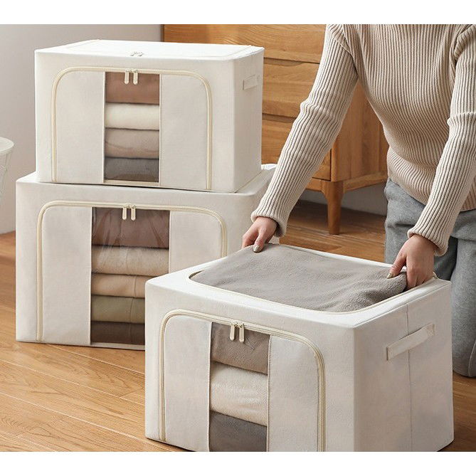 Cutie de Depozitare Pliabila, Flippy, Cu Fereastra si Fermoar Dublu, 66 L, Textil Premium, 50x40x33 cm, Cadru Metalic, Impermeabila, Bej [4]