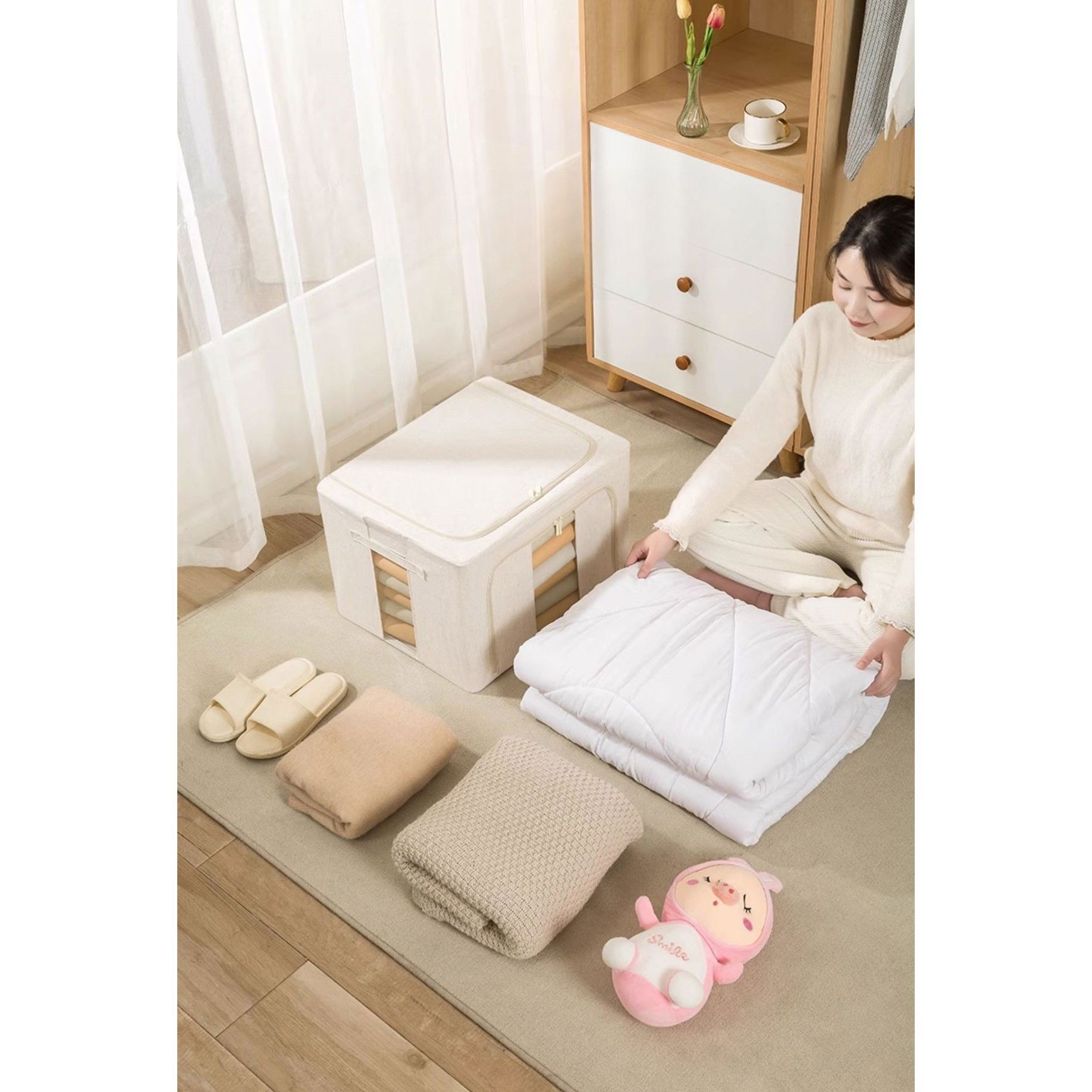 Cutie de Depozitare Pliabila, Flippy, Cu Fereastra si Fermoar Dublu, 66 L, Textil Premium, 50x40x33 cm, Cadru Metalic, Impermeabila, Bej [35]